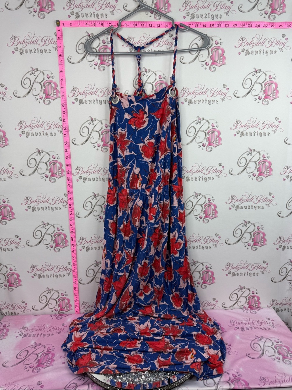 RACHEL Rachel Roy dress Red & Blue Floral Maxi Dress O rings silver